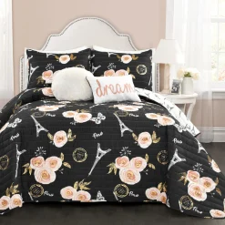 Vintage Paris Rose Butterfly Script Quilt Set