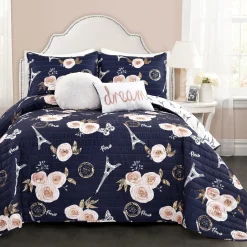 Vintage Paris Rose Butterfly Script Quilt Set