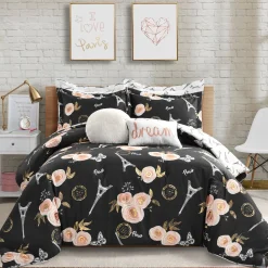 Vintage Paris Rose Butterfly Script Comforter Set