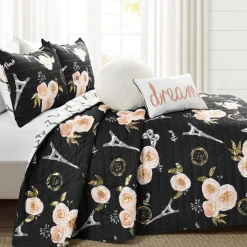 Vintage Paris Rose Butterfly Script Quilt Set