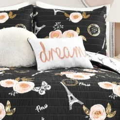 Vintage Paris Rose Butterfly Script Quilt Set