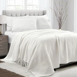 Waffle Cotton Knit Tassel Fringe Blanket/Coverlet