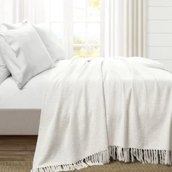 Waffle Cotton Knit Tassel Fringe Blanket/Coverlet