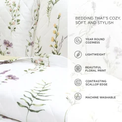 Watercolor Wildflower Scallop Edge Floral 3 Piece Quilt Set